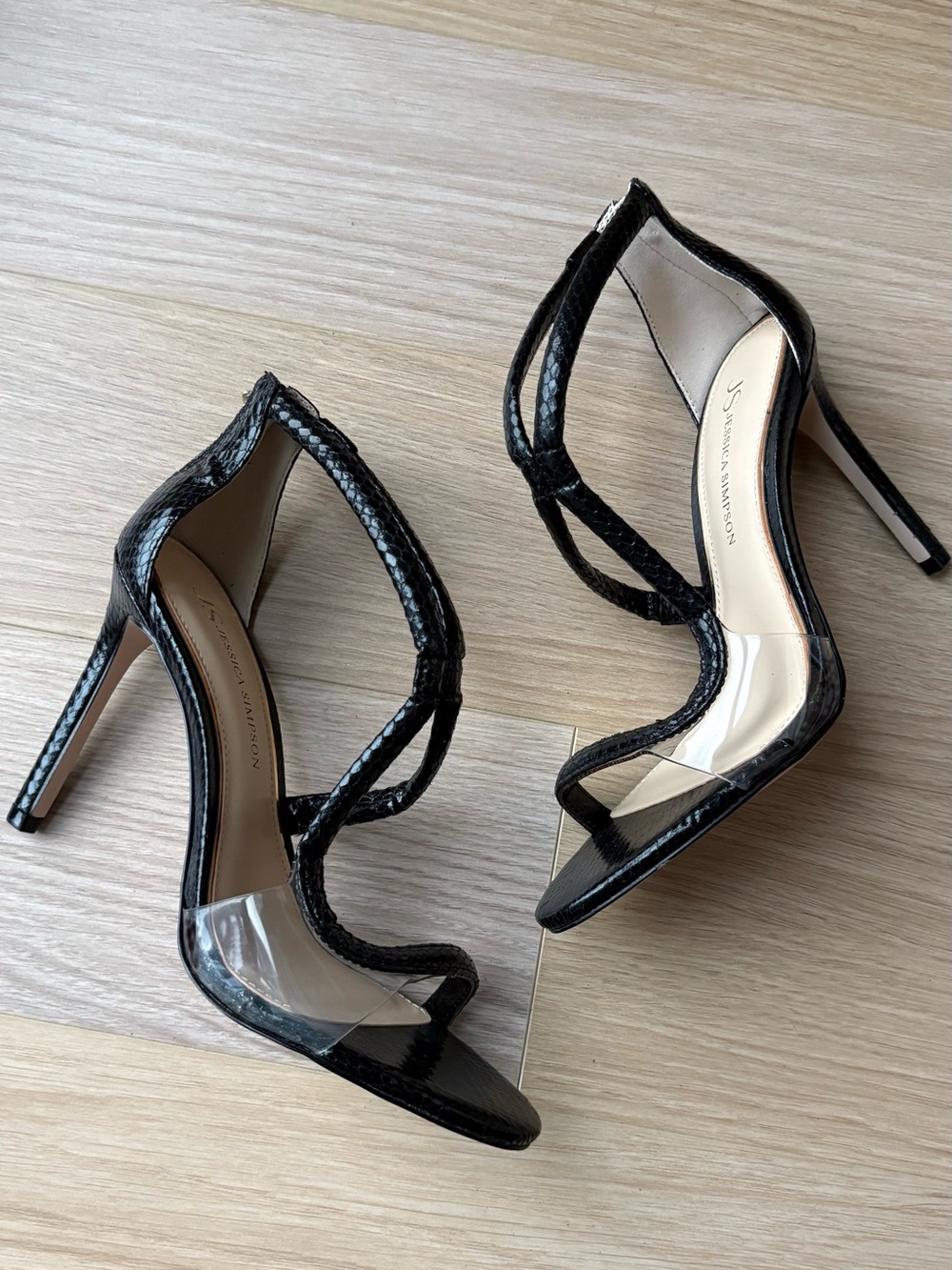 Black Patent & Clear Curved Strap Stilettos